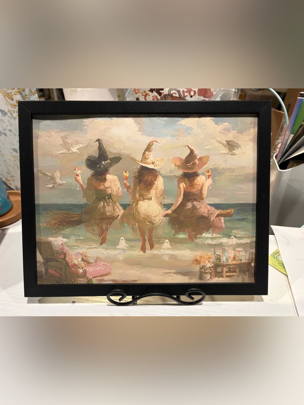 Whimsical Beach Witches Framed 8x10 Wall Art - Pastel Multi-Color